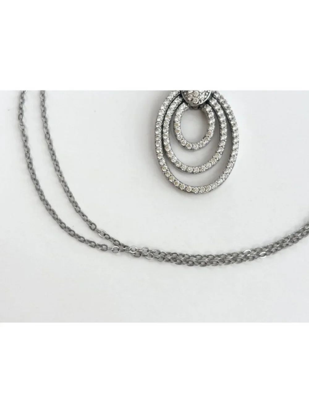 Triple Oval Sterling Silver Pave Bridal 925 Vintage Pendant Necklace - 18